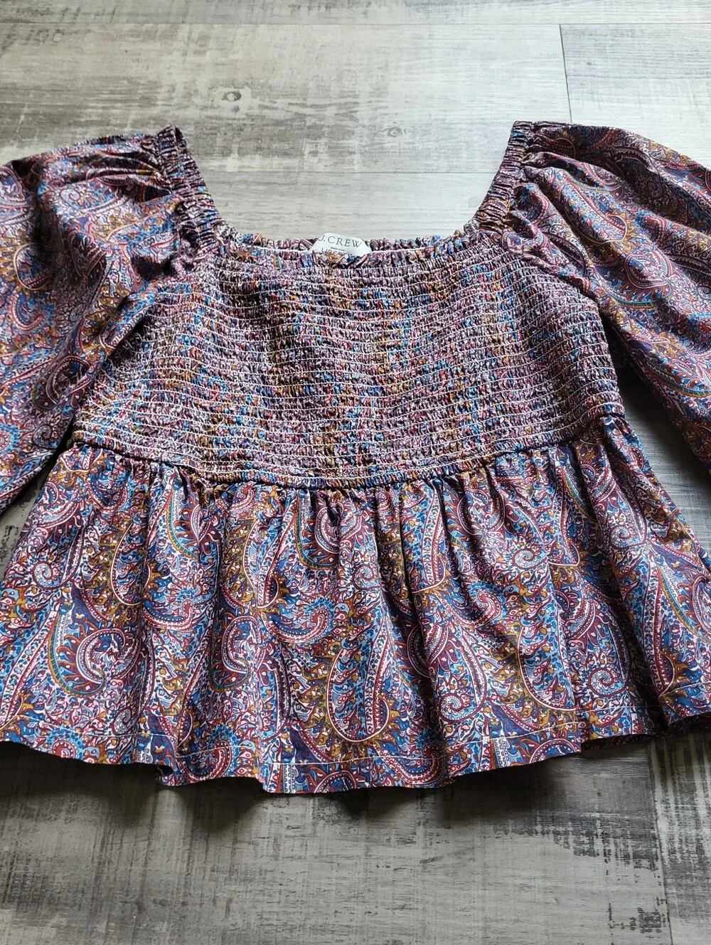 J Crew Puff Sleeve Smocked Top Liberty Fabric Arts Size Medium Paisley Boho